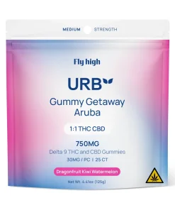 URB 1:1 THC:CBD Gummies | 25ct, 750 mg Total—Overview Choose from three tropical, terpene-rich flavors: the zingy Blueberry Pomegranate, the indulgent Tropical Lush with a hint of papaya, or the vibrant fusion of Dragonfruit Kiwi Watermelon. These 750mg edible gummies are hemp-derived and vegan, made with organic sugar, pectin, and organic tapioca syrup—never artificial colors. Each gummy delivers 15mg THC and 15mg CBD in a clean, flavorful format—creating a balanced cannabis experience perfect for winding down or finding your flow. Whether you're reaching for these THC:CBD gummies to brighten your beach day or wrap up your evening, Urb has you covered. Backed by Urb’s industry leading commitment to quality and transparency, these edibles are made in full compliance with the 2018 Farm Bill. Our 750mg CBD:THC gummies are rigorously third-party tested for safety, purity, and potency. You’ll always know what you’re enjoying—because peace of mind is part of the experience. Discover your flavor. Find your tropical escape. Show more Certificate of Analysis Ingredients Gummy Getaway Aruba