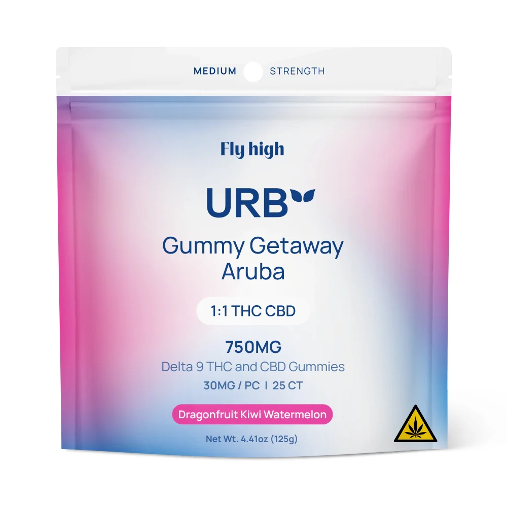 URB 1:1 THC:CBD Gummies | 25ct, 750 mg Total—Overview Choose from three tropical, terpene-rich flavors: the zingy Blueberry Pomegranate, the indulgent Tropical Lush with a hint of papaya, or the vibrant fusion of Dragonfruit Kiwi Watermelon. These 750mg edible gummies are hemp-derived and vegan, made with organic sugar, pectin, and organic tapioca syrup—never artificial colors. Each gummy delivers 15mg THC and 15mg CBD in a clean, flavorful format—creating a balanced cannabis experience perfect for winding down or finding your flow. Whether you're reaching for these THC:CBD gummies to brighten your beach day or wrap up your evening, Urb has you covered. Backed by Urb’s industry leading commitment to quality and transparency, these edibles are made in full compliance with the 2018 Farm Bill. Our 750mg CBD:THC gummies are rigorously third-party tested for safety, purity, and potency. You’ll always know what you’re enjoying—because peace of mind is part of the experience. Discover your flavor. Find your tropical escape. Show more Certificate of Analysis Ingredients Gummy Getaway Aruba